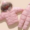 รหัส 0582 ชุดสกีเอี๊ยมหมวกเฟอร์ สีชมพู สีน้ำตาล