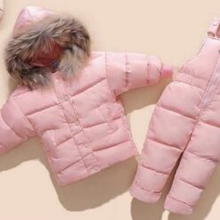 รหัส 0582 ชุดสกีเอี๊ยมหมวกเฟอร์ สีชมพู สีน้ำตาล